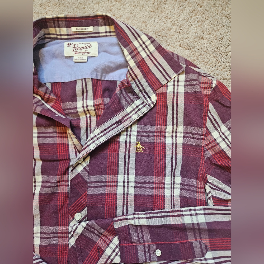 Penguin By Munsing Wear Plaid Shirt Classic Fit Mens Size Large Short Sleeve